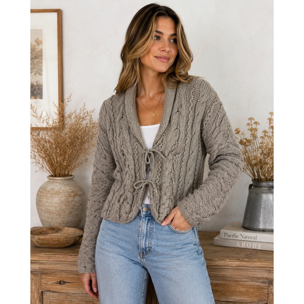 Mira Flores Designs 100% Wool Cable Knit Cardigan Shawl Collar Tie Front Taupe M